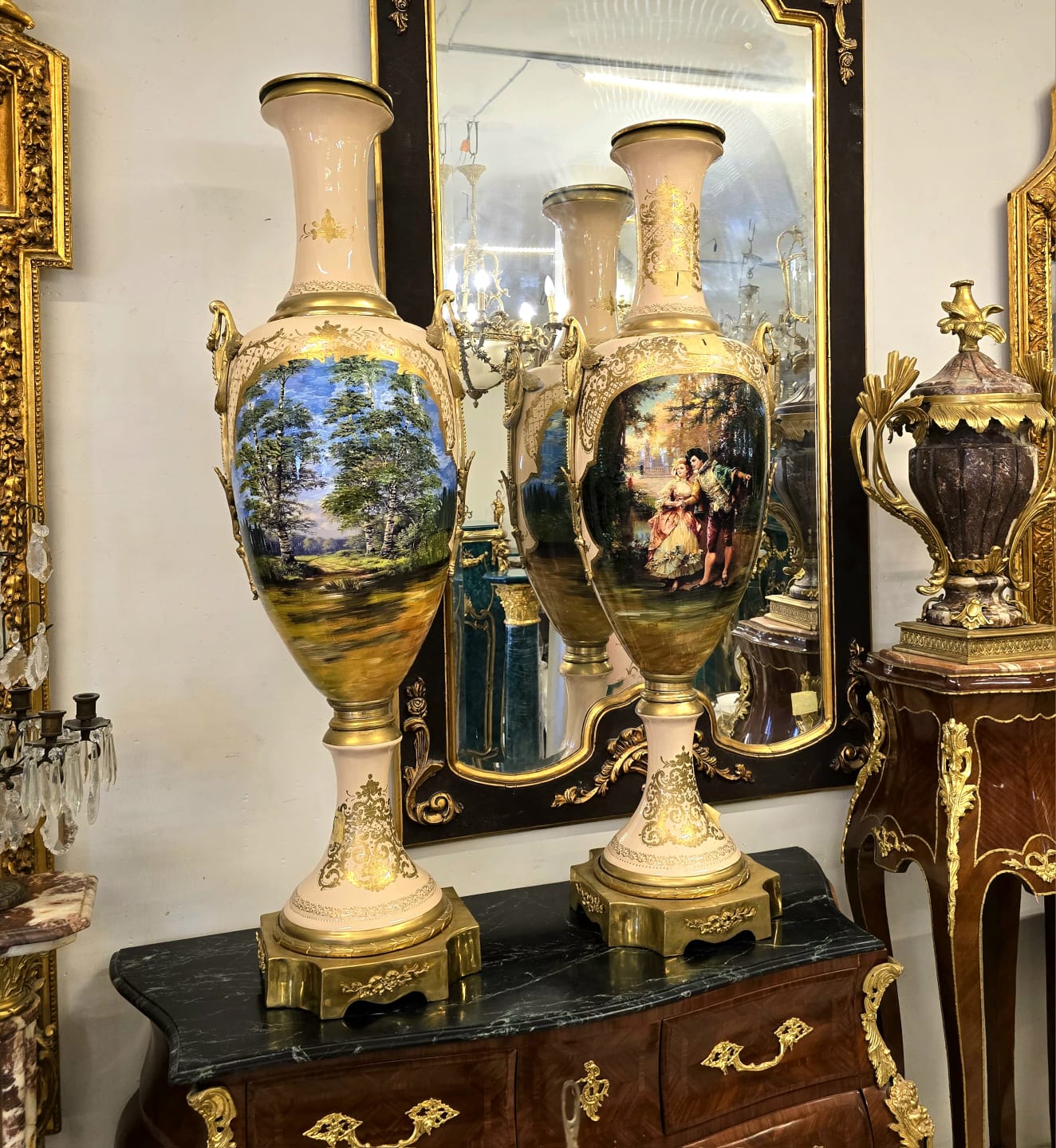 French Sèvres Porcelain Decorative Vase with Hand-Painted Artwork, Bronze Swan Handles & Gold Leaf Details