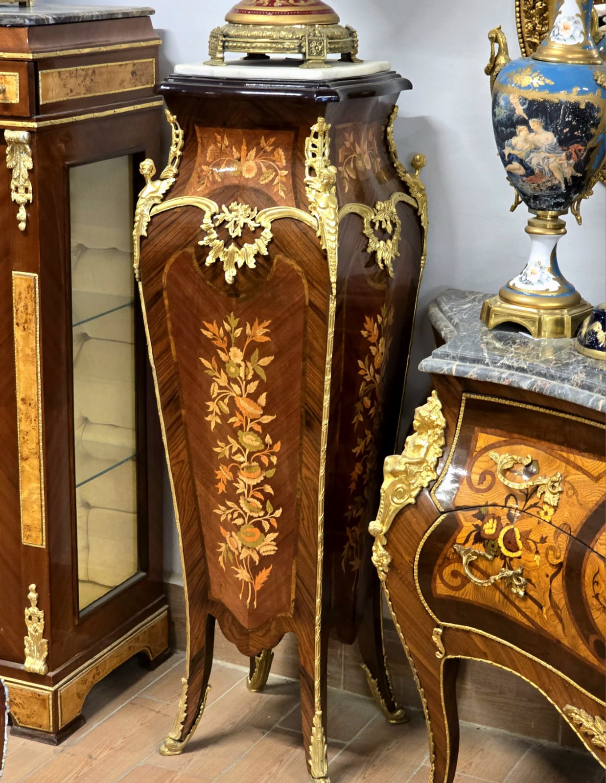 French Louis XV Bombe Chest with Marble Top, Three Drawers & Gilded Bronze Ormolu Mounts