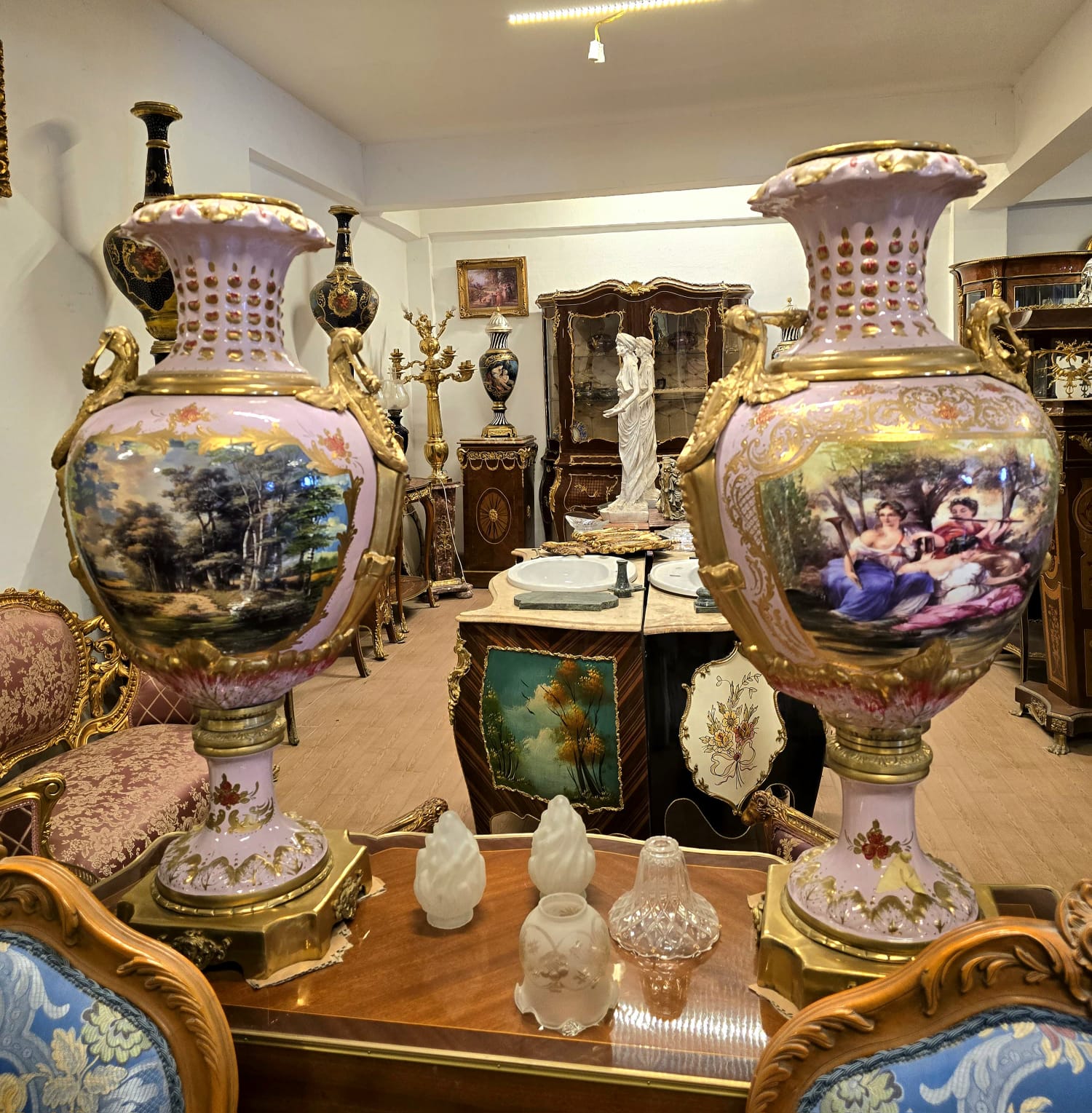 Luxury French Porcelain Vase with Hand-Painted Landscape, Bronze Handles & Gold Leaf Details