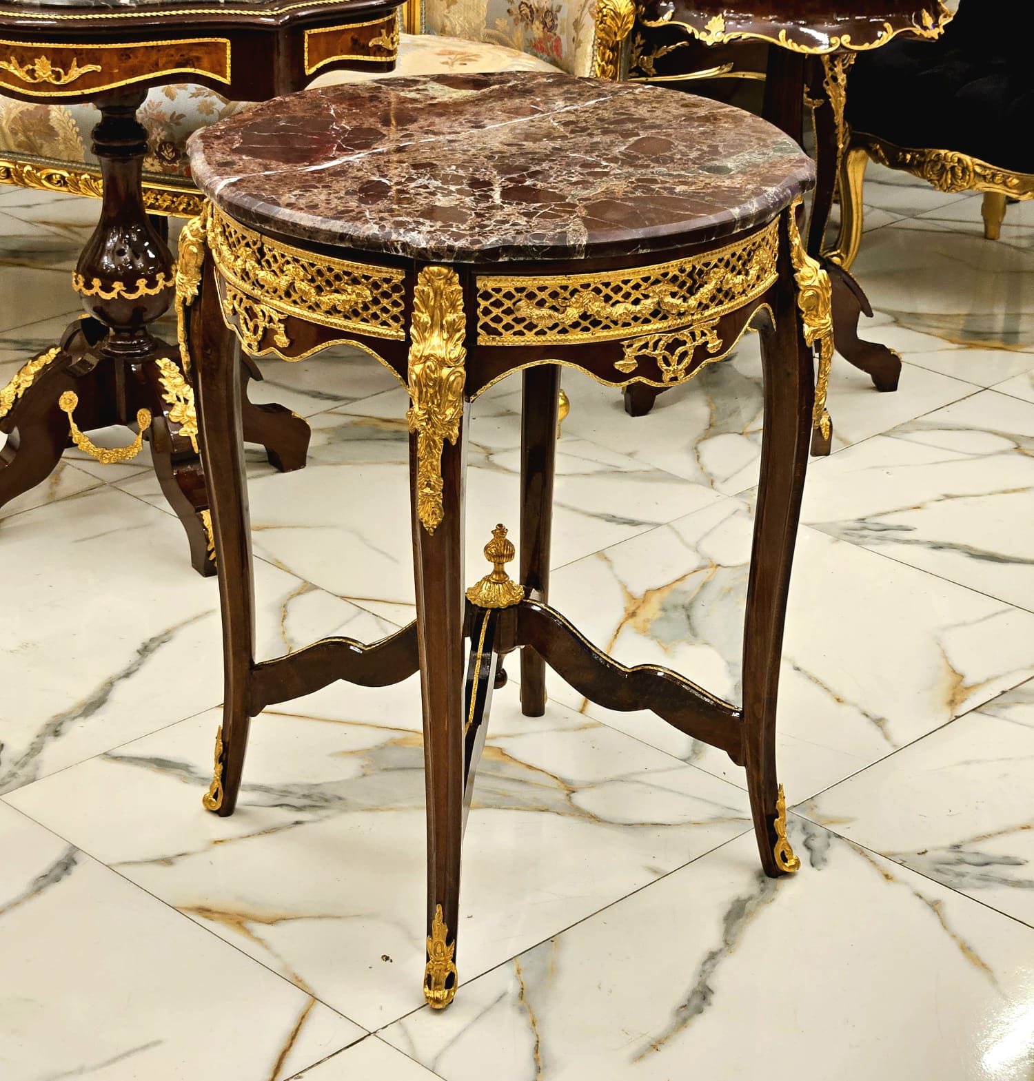 Luxury French Louis XV Accent Table with Marble Top, Marquetry Inlay & Bronze Ormolu Mounts
