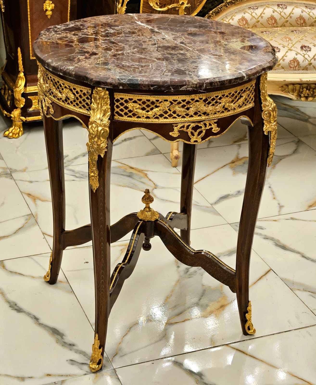 Luxury French Louis XV Accent Table with Marble Top, Marquetry Inlay & Bronze Ormolu Mounts