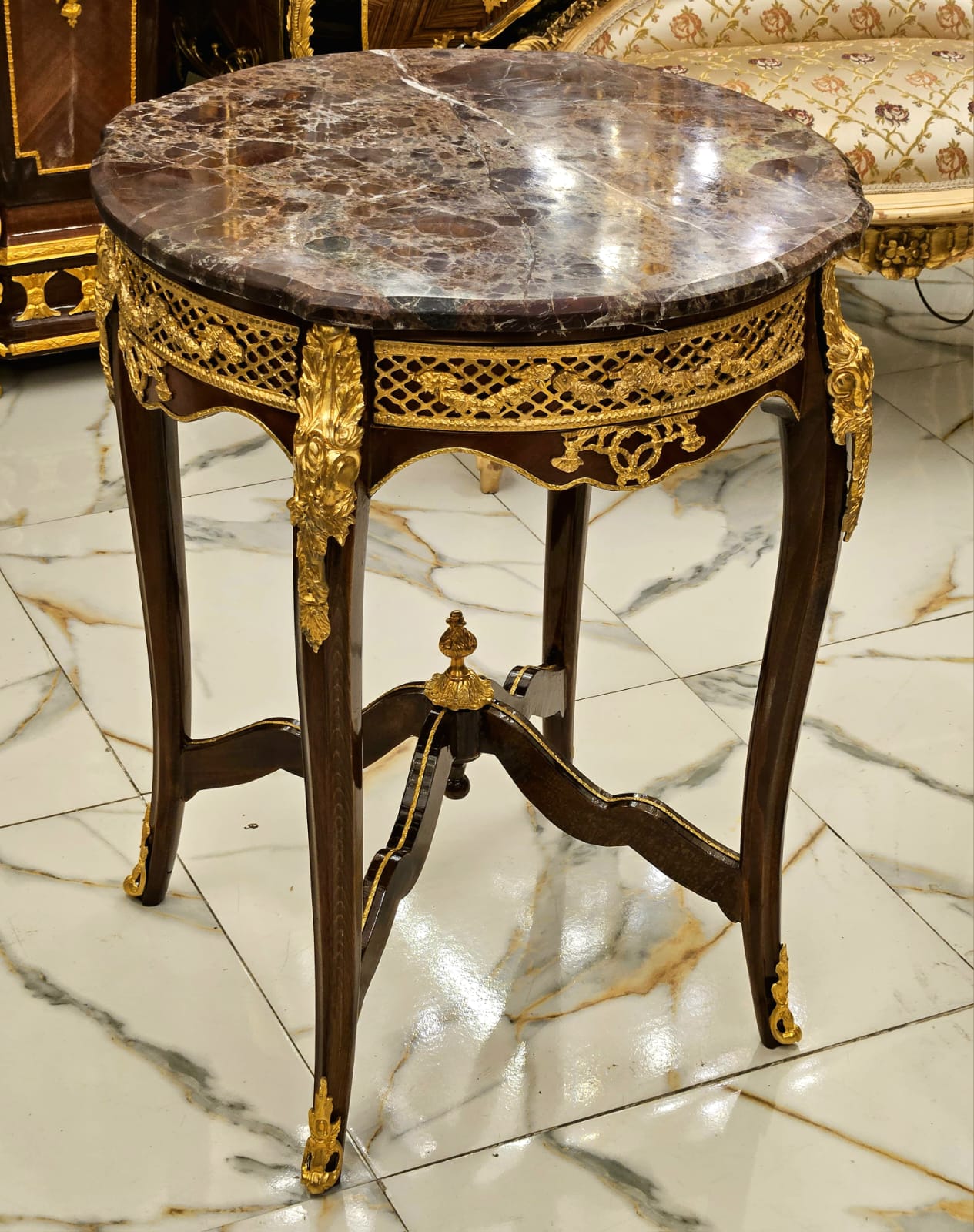 Luxury French Louis XV Accent Table with Marble Top, Marquetry Inlay & Bronze Ormolu Mounts
