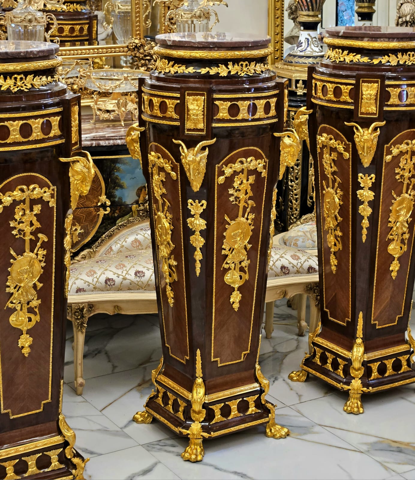 Elegant Louis XV Wood Pedestal with Marble Top, Three Drawers & Bronze Ornaments
