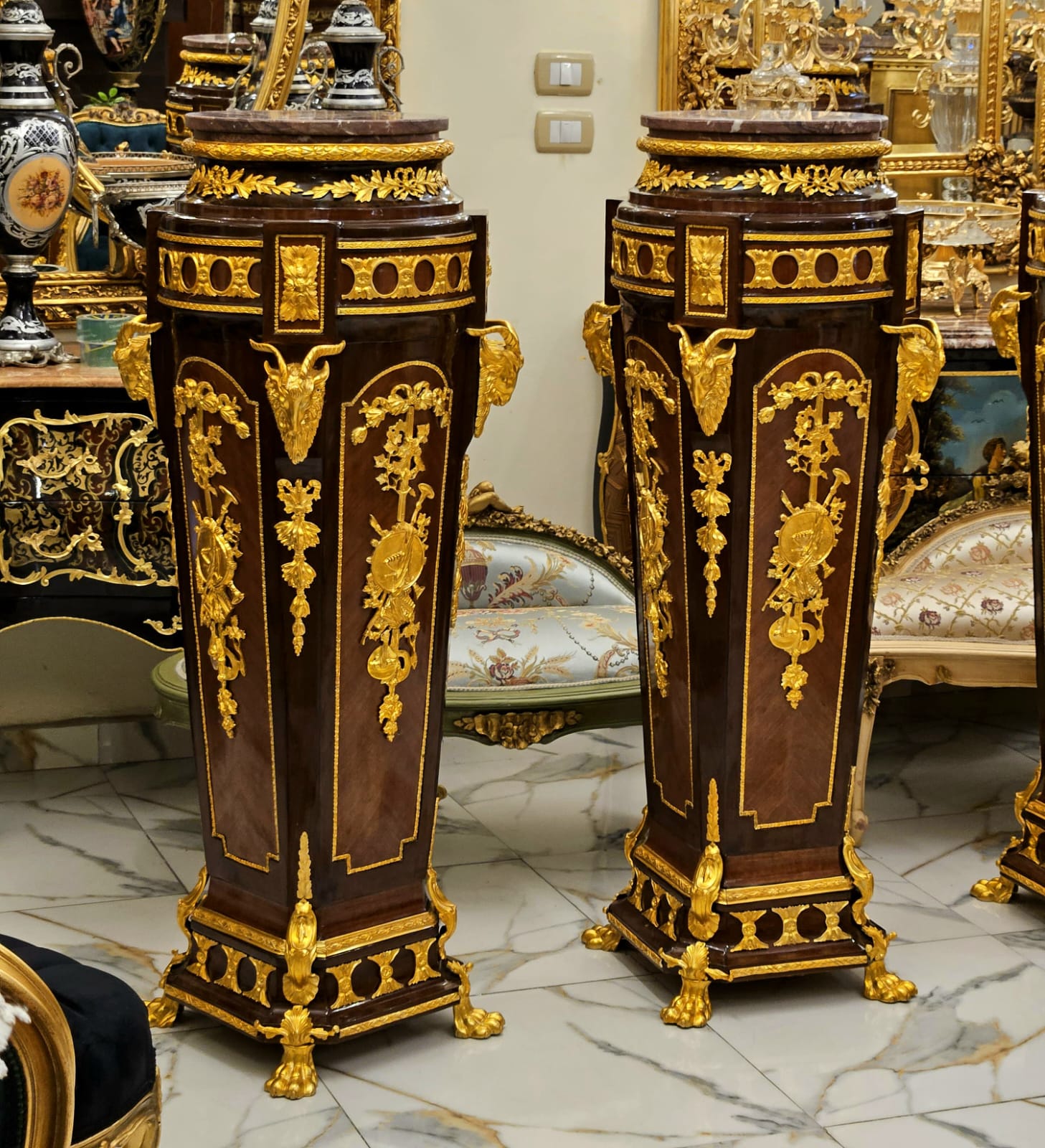 Elegant Louis XV Wood Pedestal with Marble Top, Three Drawers & Bronze Ornaments