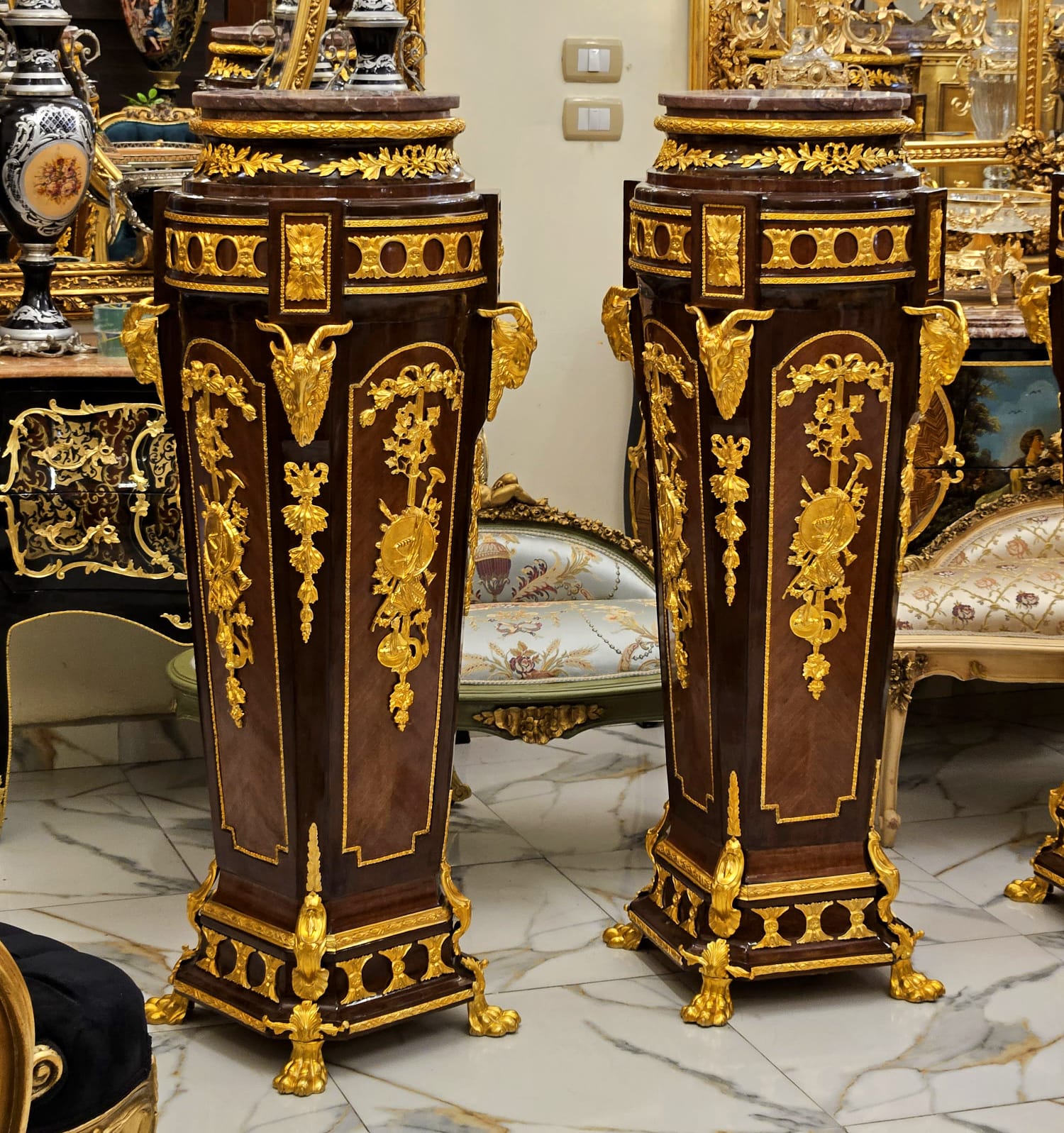 Elegant Louis XV Wood Pedestal with Marble Top, Three Drawers & Bronze Ornaments