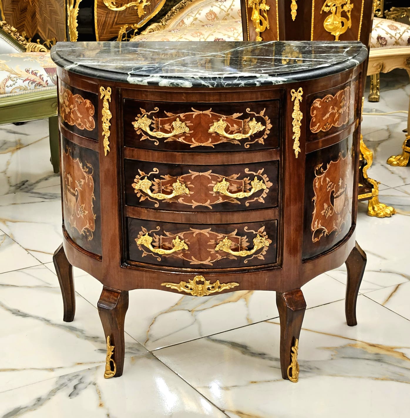 French Louis XV Bombe Chest with Marble Top, Three Drawers & Gold Leaf Bronze Mounts