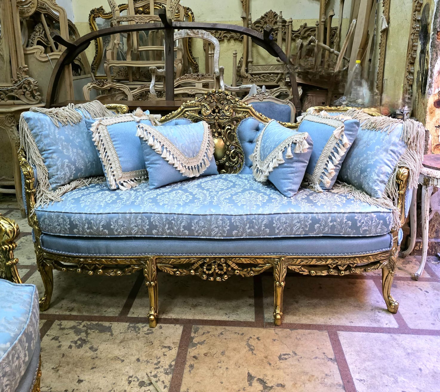Grand French Louis XV 3-Seater Sofa in Celeste Blue Damask with Hand-Carved Gold Leaf Frame & Tufted Back