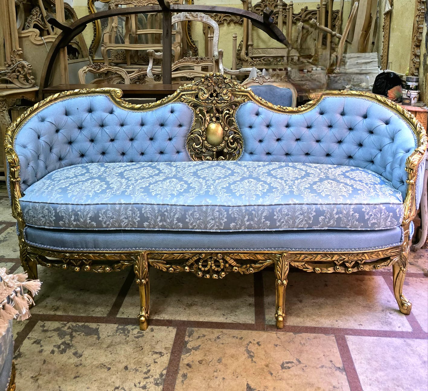 Grand French Louis XV 3-Seater Sofa in Celeste Blue Damask with Hand-Carved Gold Leaf Frame & Tufted Back