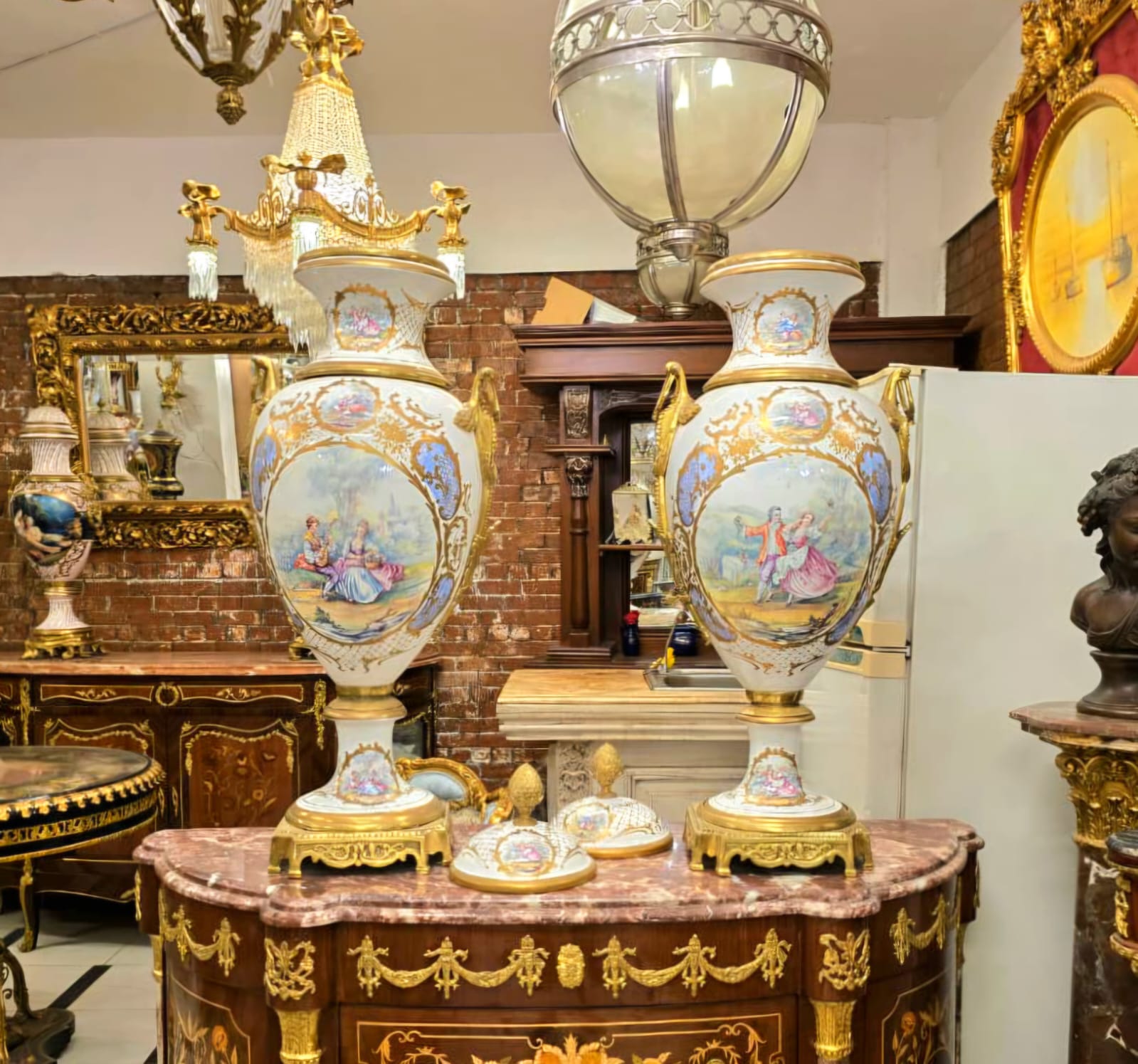 Monumental French Porcelain Decorative Vase with Hand-Painted Pastoral Scene, Gold Leaf Accents & Bronze Base