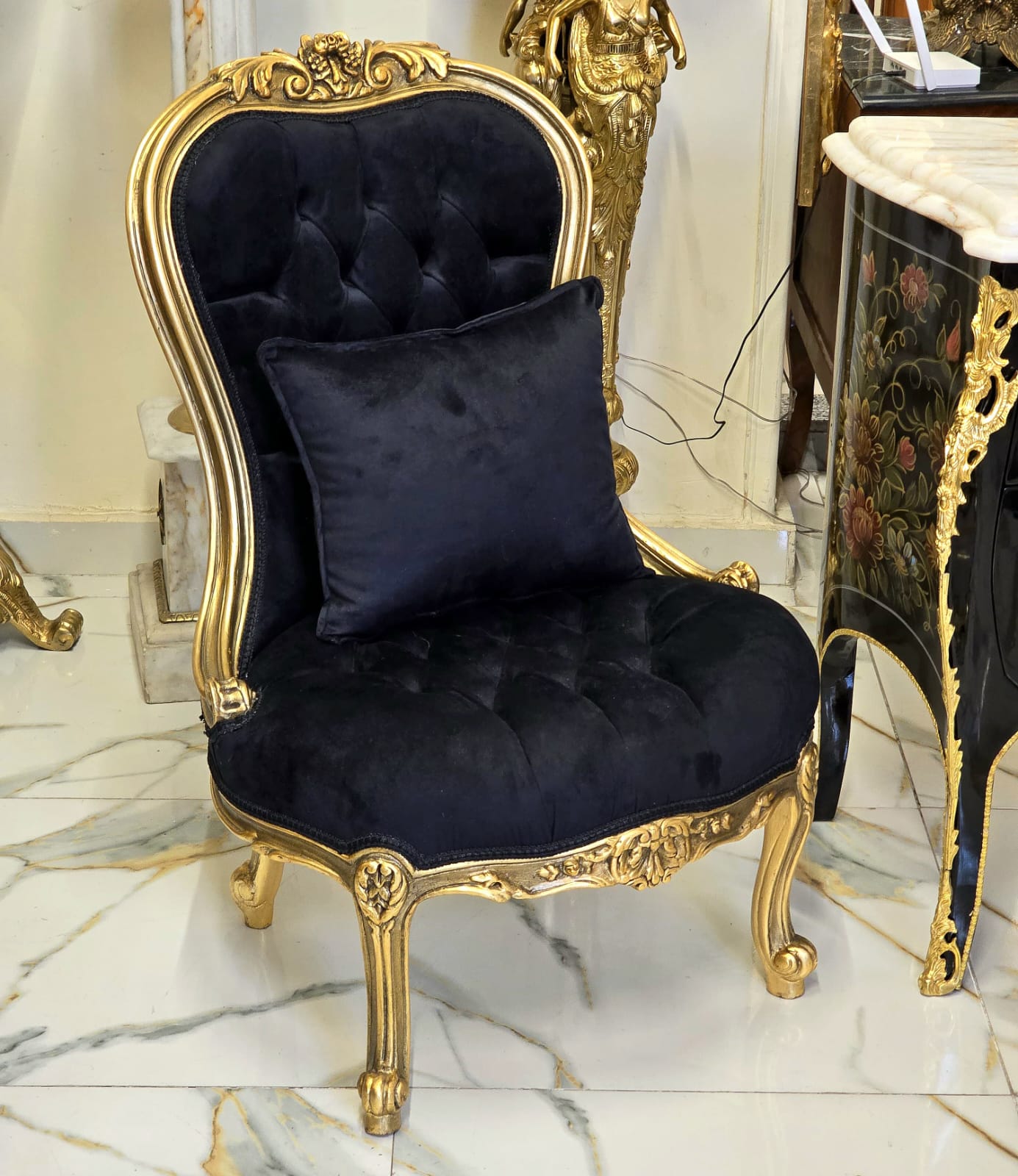 French Louis XV Tufted Black Velvet Accent Chair with Hand-Finished Gold Leaf Frame & Matching Pillow