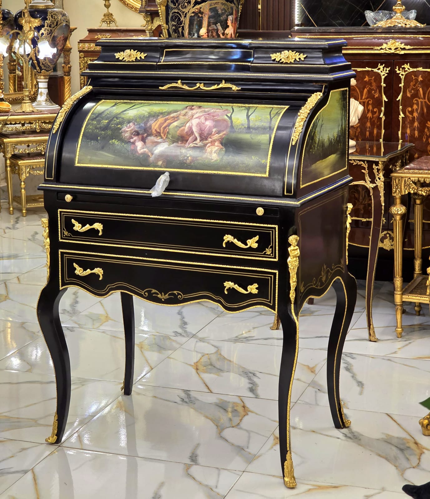 Louis XV Roll Top Secretary Desk with Hand-Painted Mythological Scene, Marquetry Inlay & Bronze Accents
