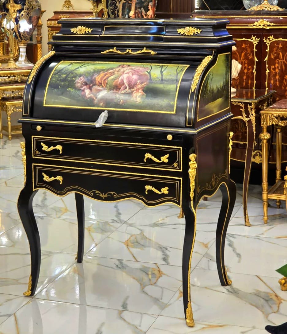 Louis XV Roll Top Secretary Desk with Hand-Painted Mythological Scene, Marquetry Inlay & Bronze Accents