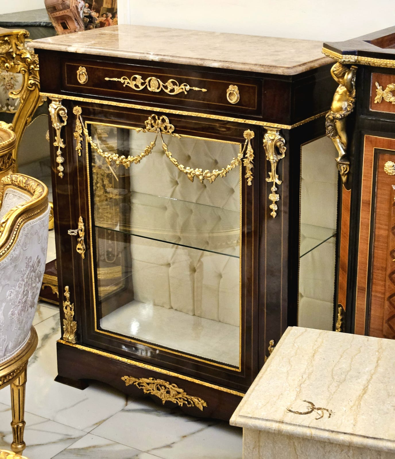 French Louis XVI Display Cabinet with Marble Top, Tufted Velvet Interior & Hand-Finished Gold Leaf Details