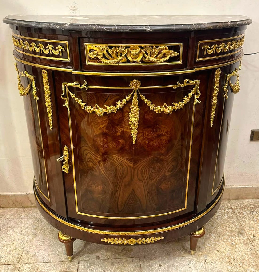 French Louis XVI Marble Top Demilune Sideboard Cabinet with Hand-Finished Gold Leaf & Premium Hardwood