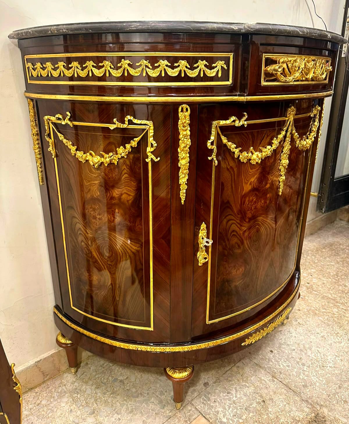 French Louis XVI Marble Top Demilune Sideboard Cabinet with Hand-Finished Gold Leaf & Premium Hardwood
