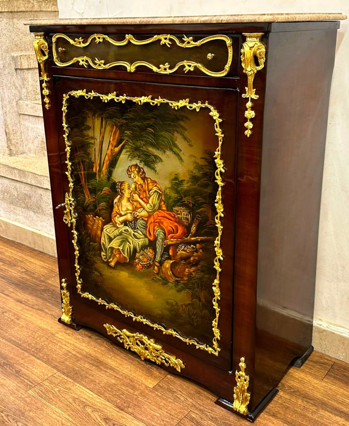French Louis XVI Marble Top Accent Cabinet with Romantic Courting Scene, Hand-Finished Gold Leaf & Fine Hardwood Construction