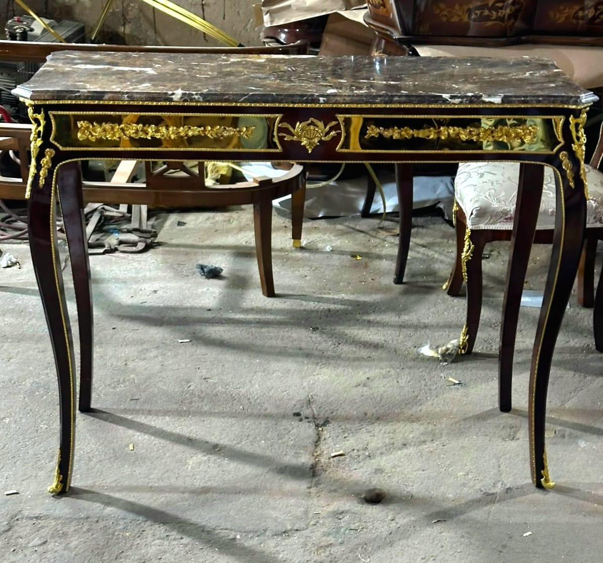 Louis XV Marble Top Console Table with Hand-Finished Gold Leaf Details & Bronze Ormolu Accents