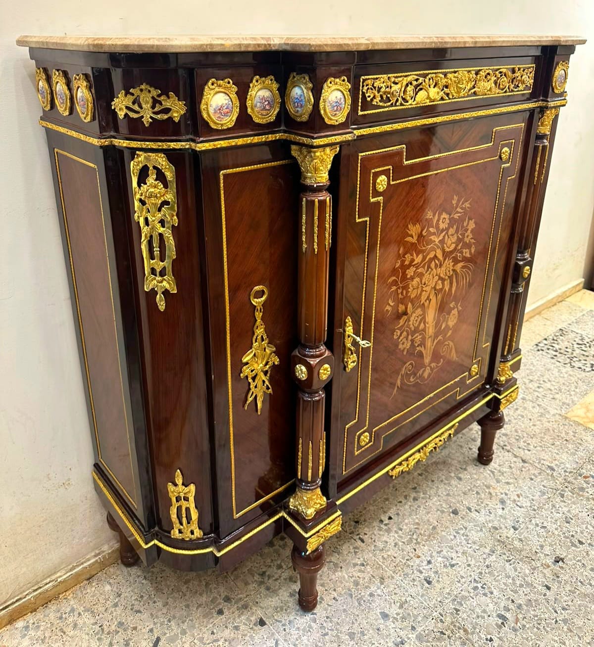 French Louis XVI Marble Top Sideboard Cabinet with Floral Marquetry, Bronze Ormolu & Hand-Finished Gold Leaf Details