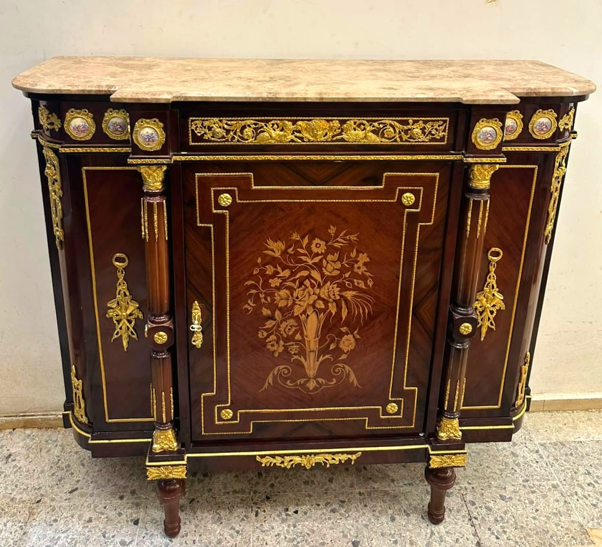 French Louis XVI Marble Top Sideboard Cabinet with Floral Marquetry, Bronze Ormolu & Hand-Finished Gold Leaf Details