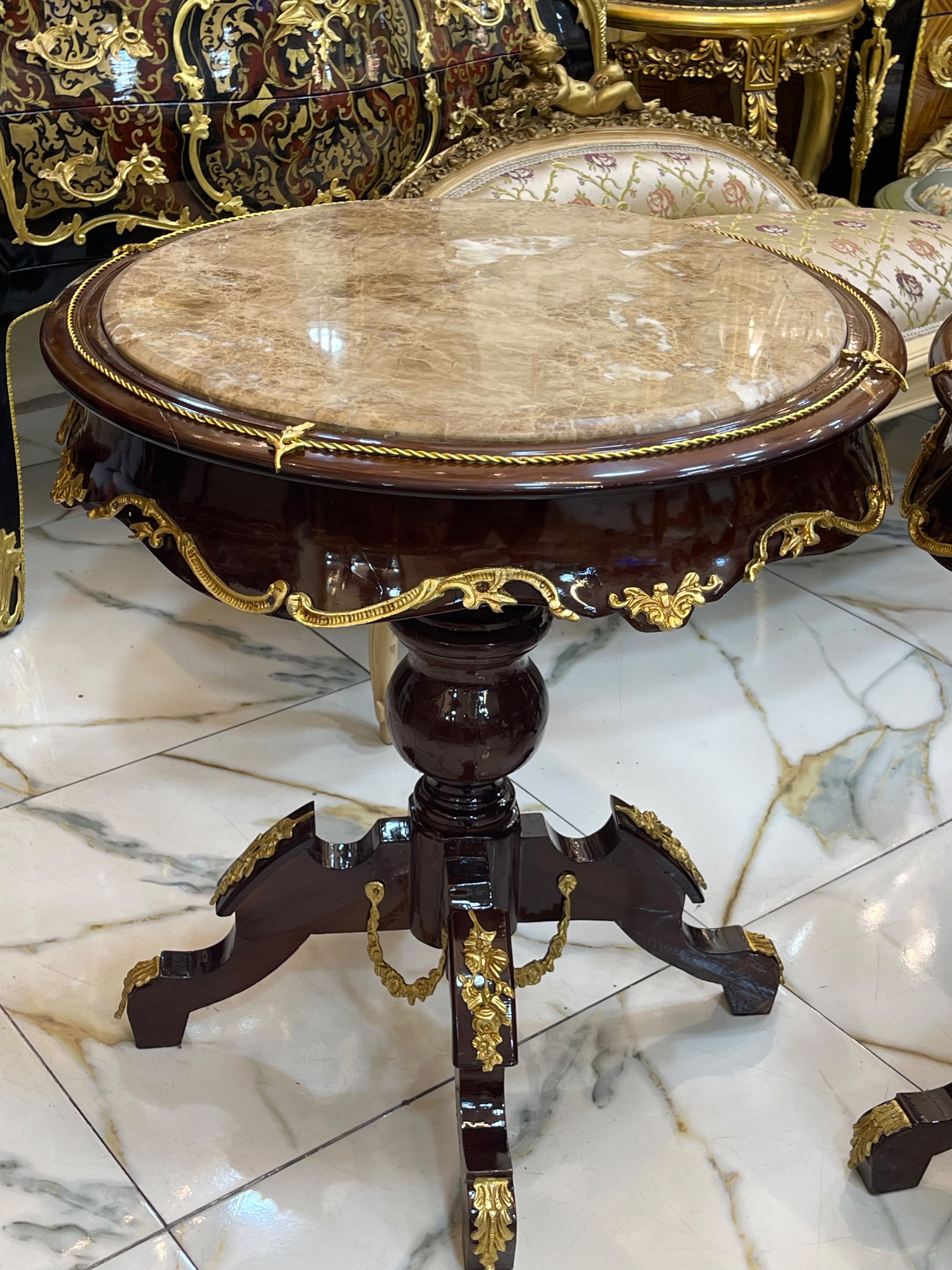 French Louis XVI Round Marble Top Side Table with Hand-Carved Wood Frame & Gold Leaf Accents