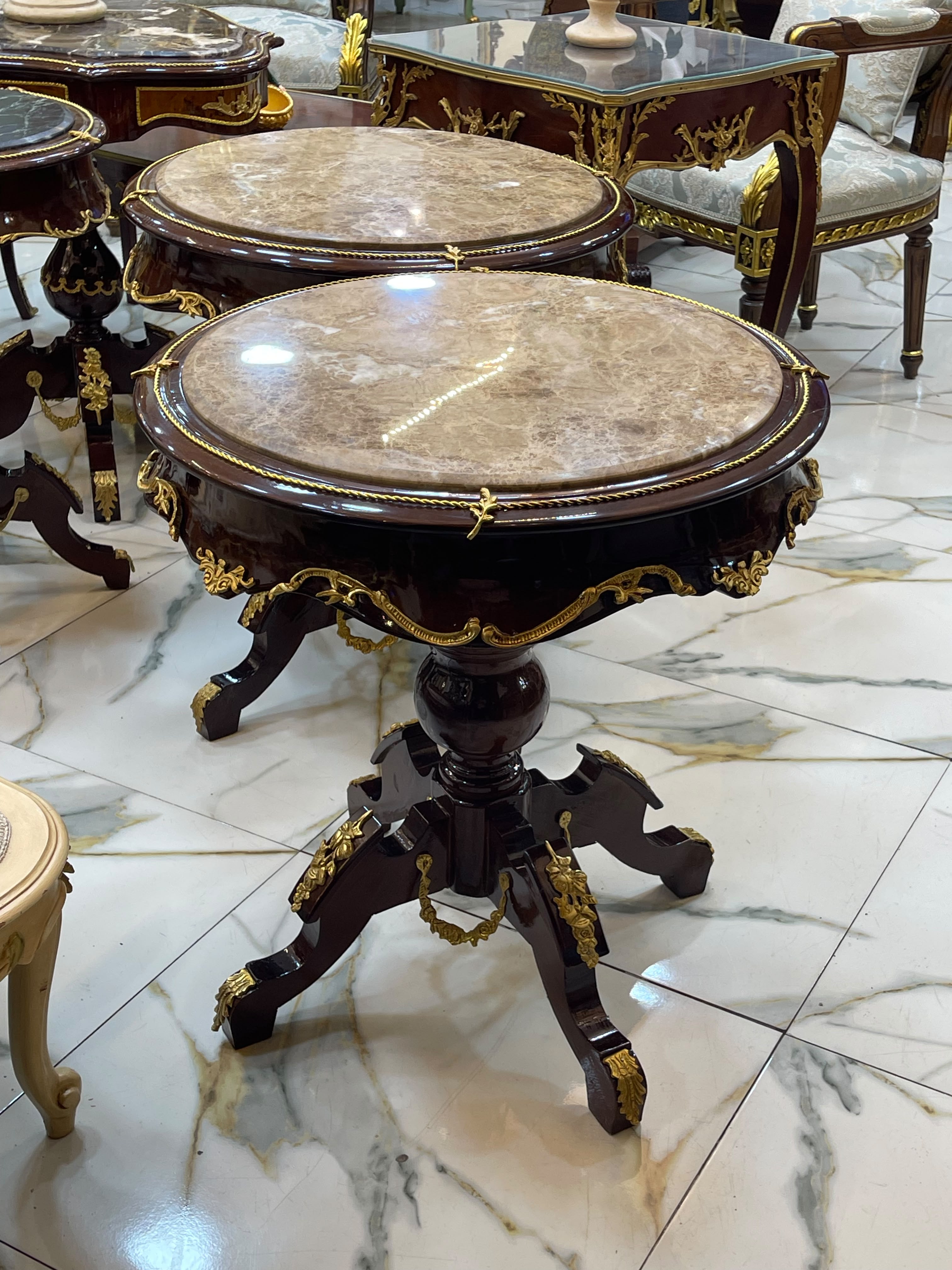 French Louis XVI Round Marble Top Side Table with Hand-Carved Wood Frame & Gold Leaf Accents