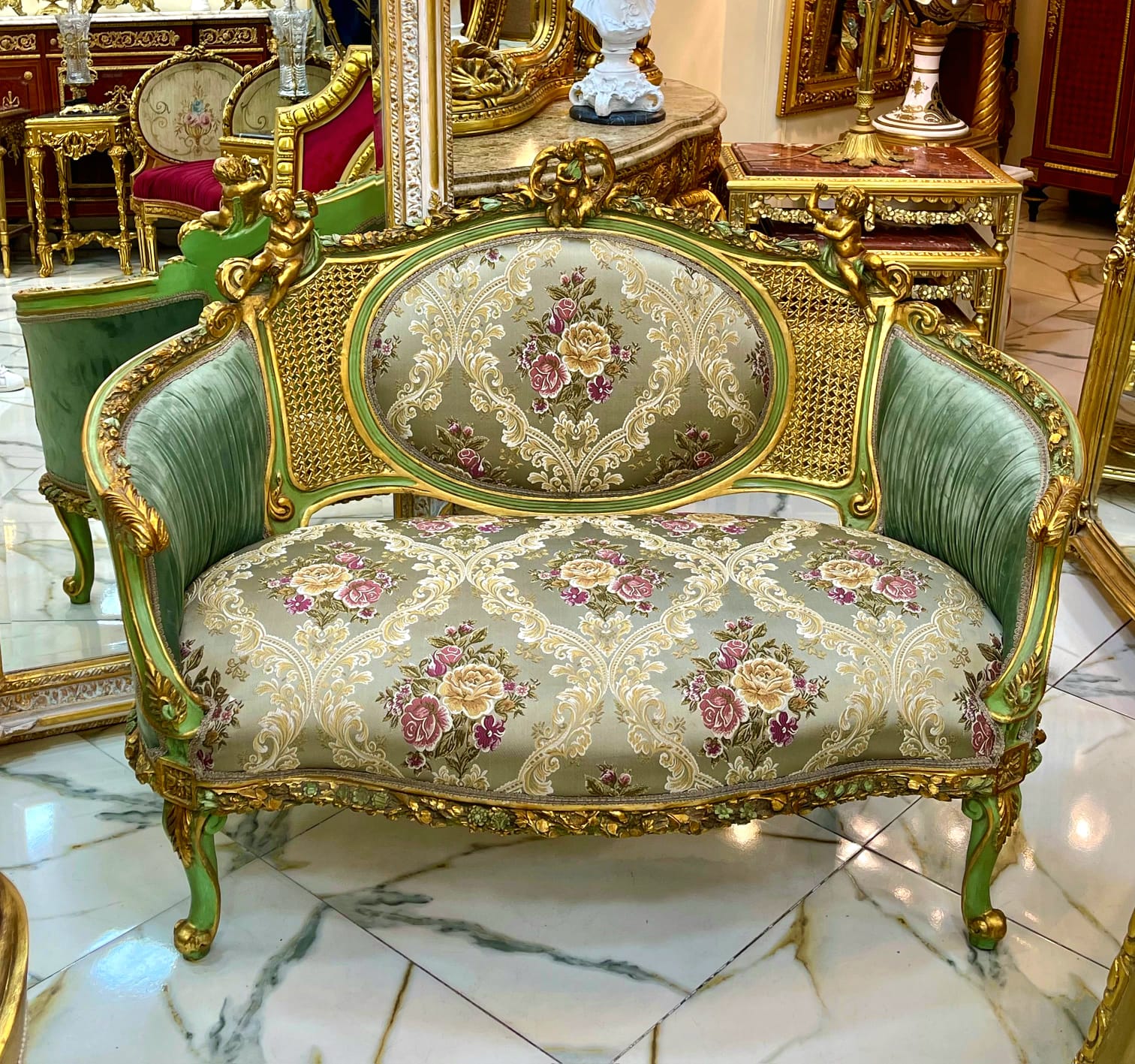Luxury French Louis XV Loveseat with Sage Green Velvet, Floral Damask & Hand-Gilded Cherub Frame