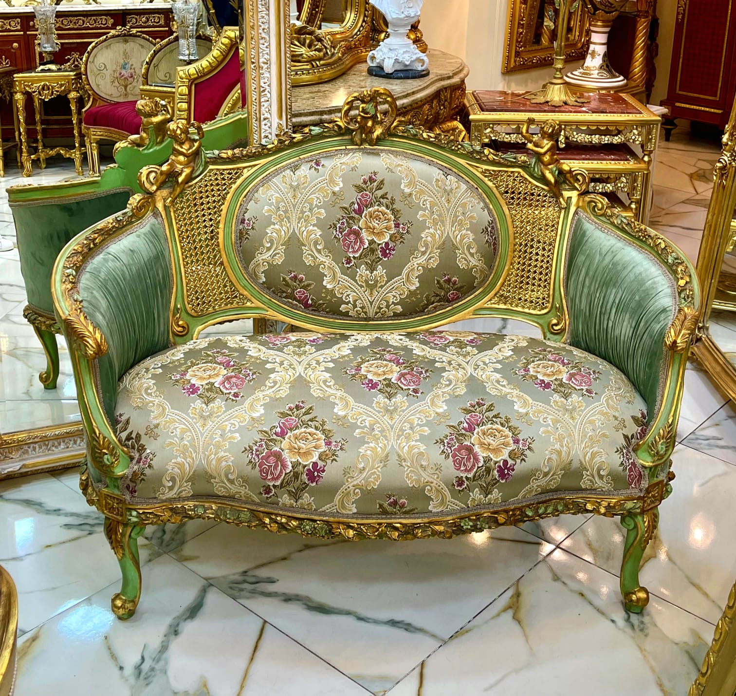 Luxury French Louis XV Loveseat with Sage Green Velvet, Floral Damask & Hand-Gilded Cherub Frame