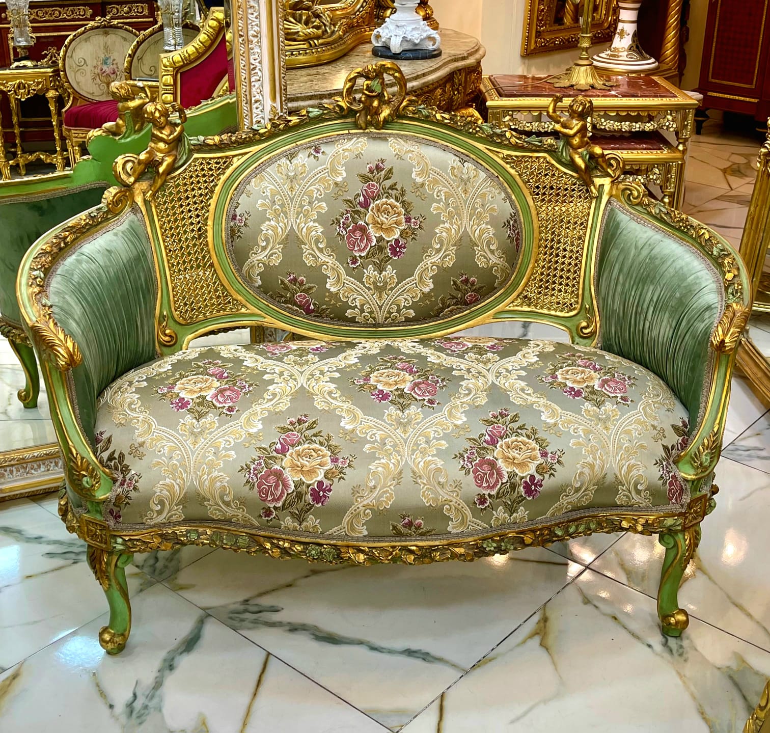 Luxury French Louis XV Loveseat with Sage Green Velvet, Floral Damask & Hand-Gilded Cherub Frame