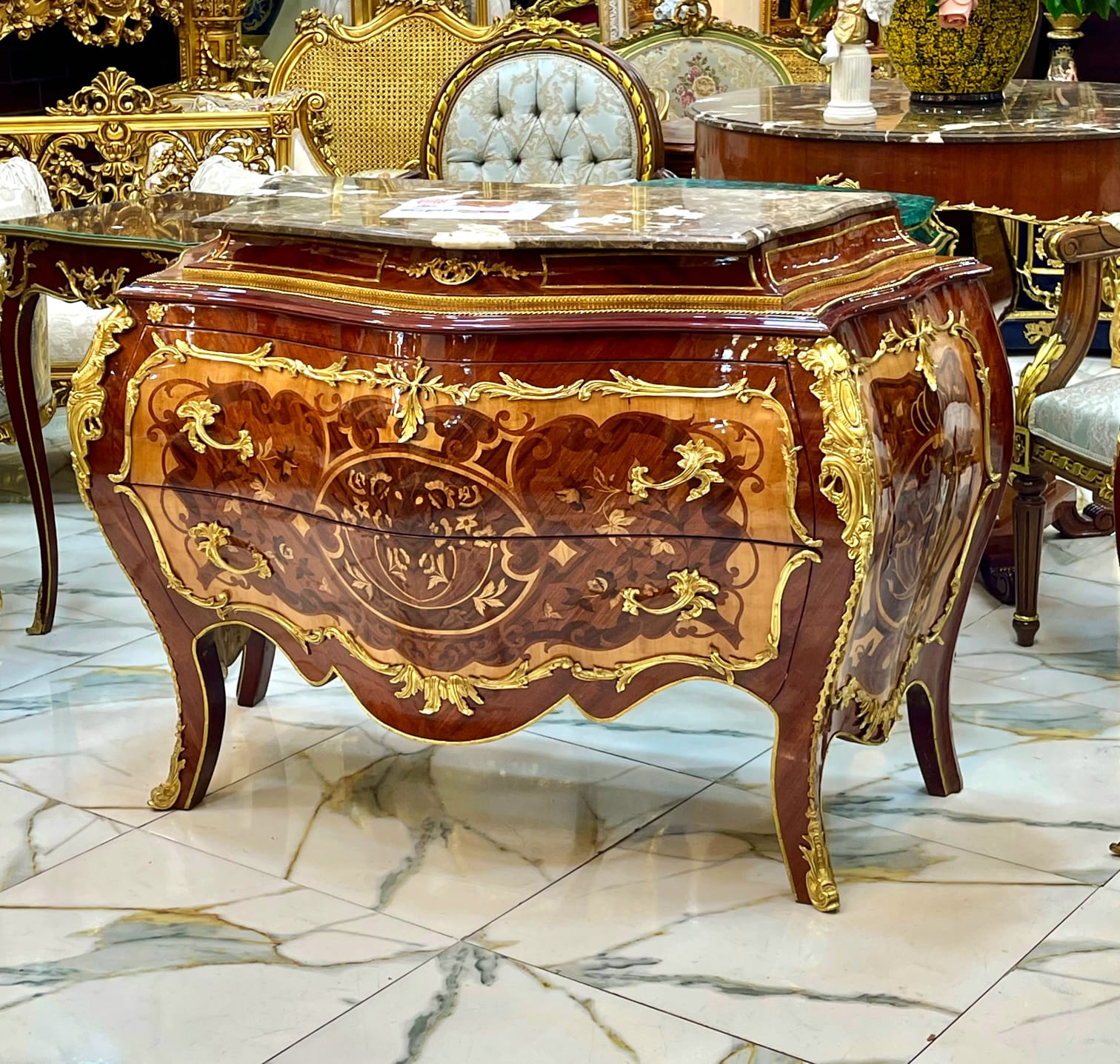 French Rococo Marble Top Dresser with Hand-Carved Wood Frame, Two Spacious Drawers & Hand-Gilded Gold Leaf Details