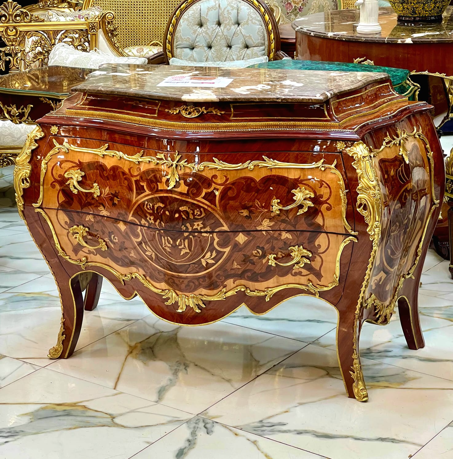 French Rococo Marble Top Dresser with Hand-Carved Wood Frame, Two Spacious Drawers & Hand-Gilded Gold Leaf Details