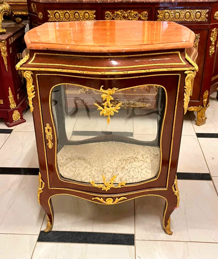 Ornate French Louis XV Curio Display Cabinet with Marble Top & Gilded Accents