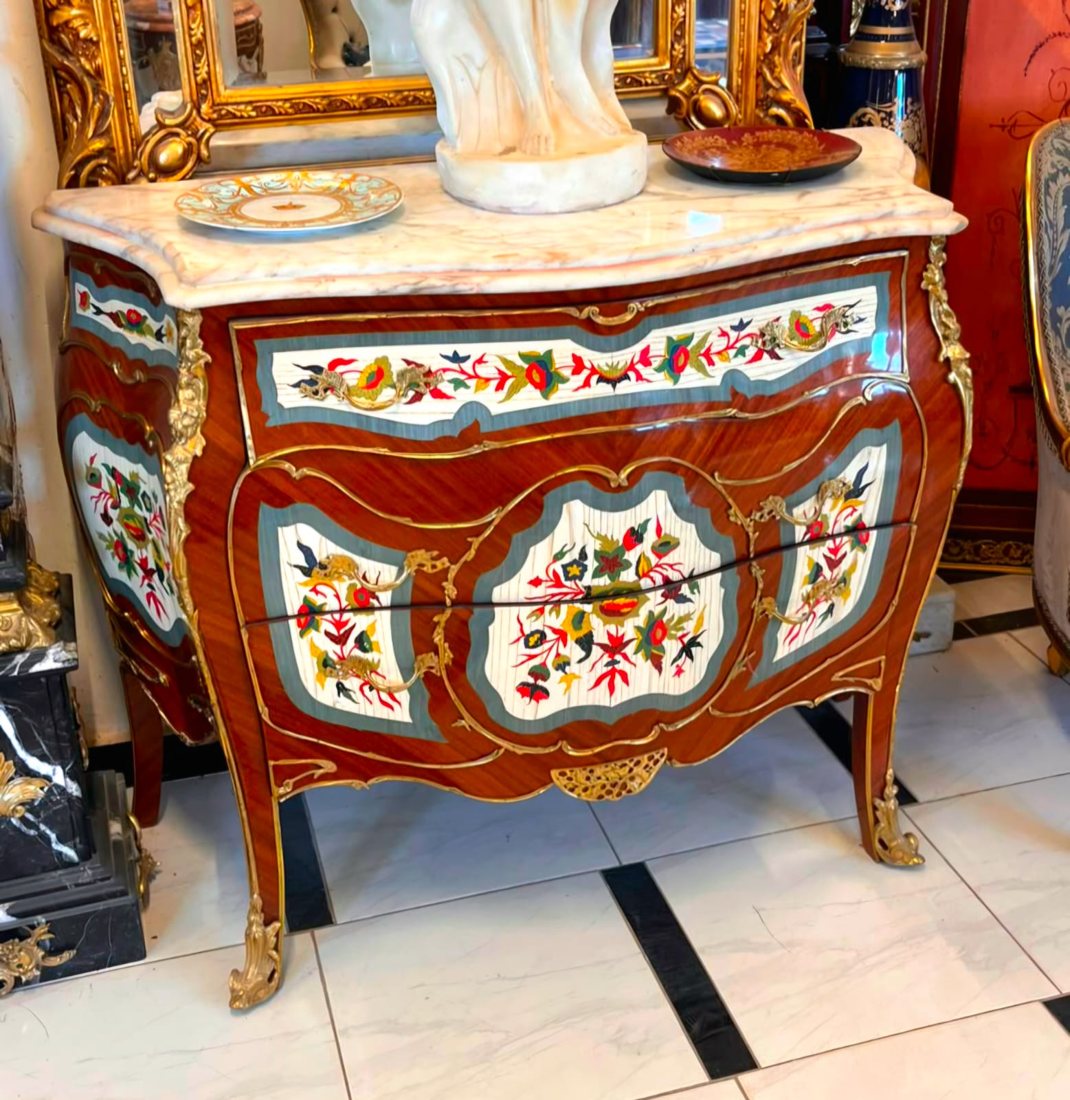 French Louis XV Bombe Dresser with Marble Top, Floral Marquetry & Bronze Ormolu Mounts
