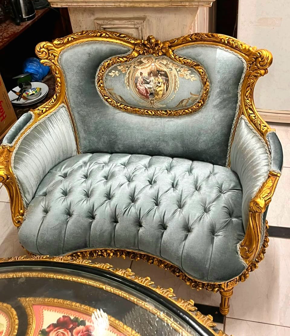 Elegant French Rococo Loveseat with Blue Damask Fabric & Gilded Louis XV Frame