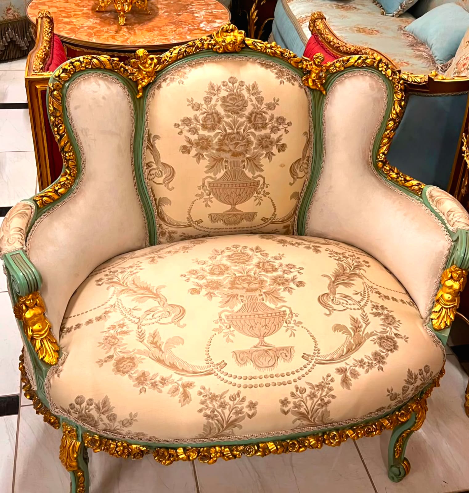 French Louis XV Loveseat Sofa with Gold Leaf Frame & Off-White Damask Upholstery