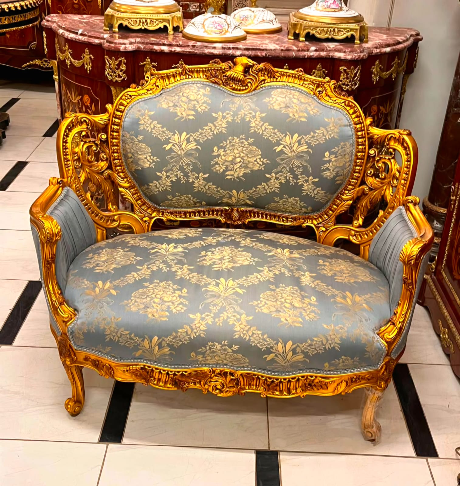 French Louis XV Loveseat with Blue Damask Upholstery & Hand-Gilded Gold Leaf Frame