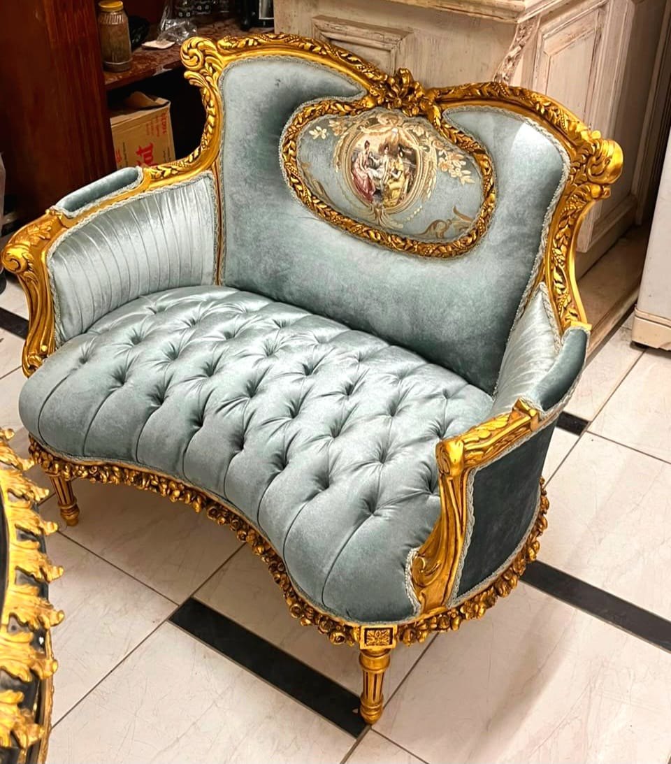 Elegant French Rococo Loveseat with Blue Damask Fabric & Gilded Louis XV Frame