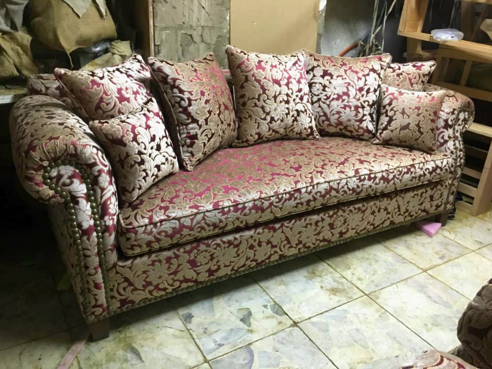 Three-Seat Sofa with Burgundy Velvet Damask Upholstery & Classic Rolled Arms