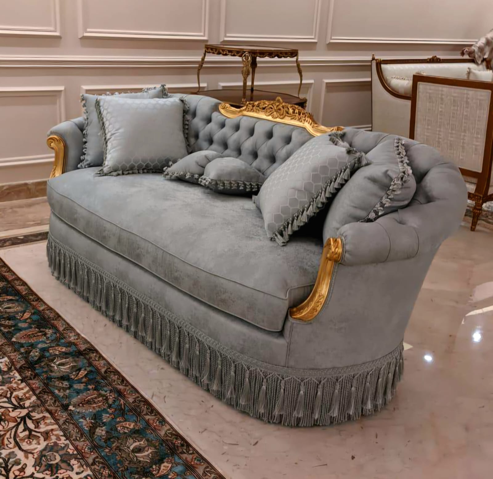 Louis XVI Grand Sofa with Green Blue Velvet Upholstery, Hand-Gilded Gold Leaf Frame & Hand-Painted Floral Medallion