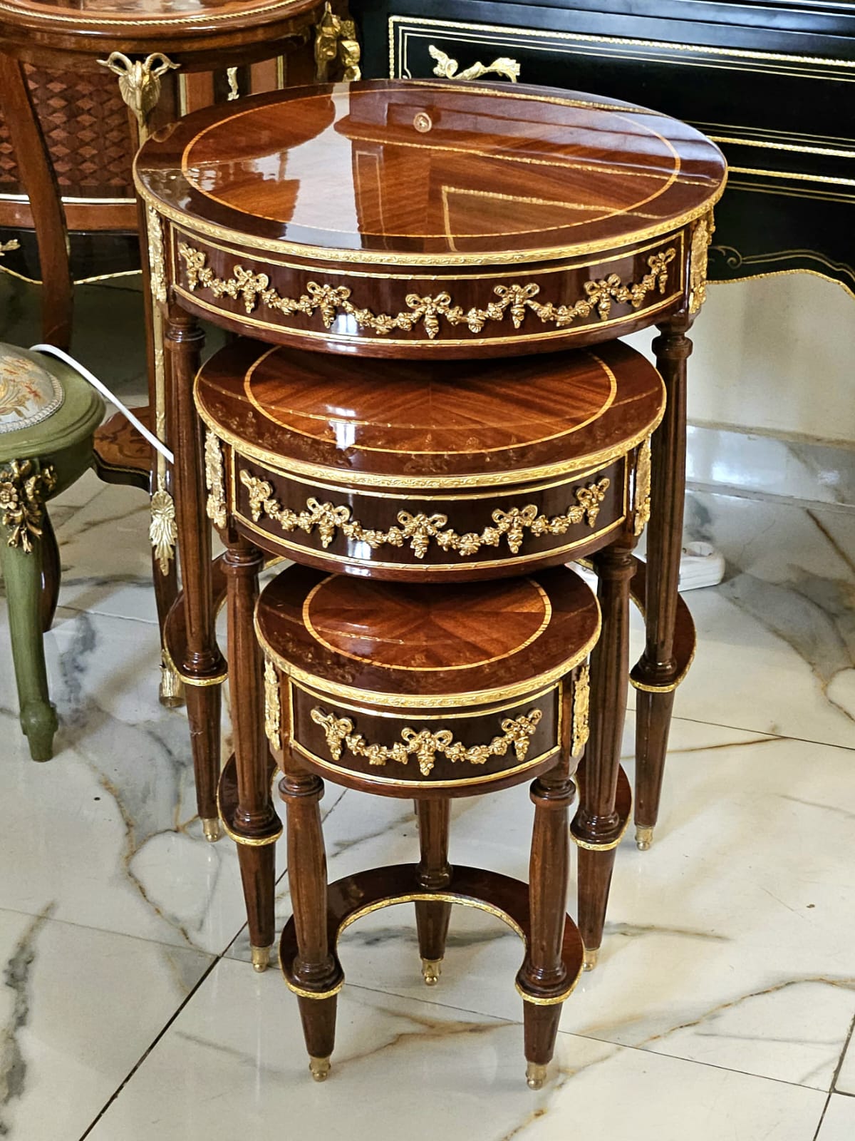 Luxury French Nesting Side Tables Set of 3 with Hand-Gilded Gold Leaf Details & Solid Wood Construction
