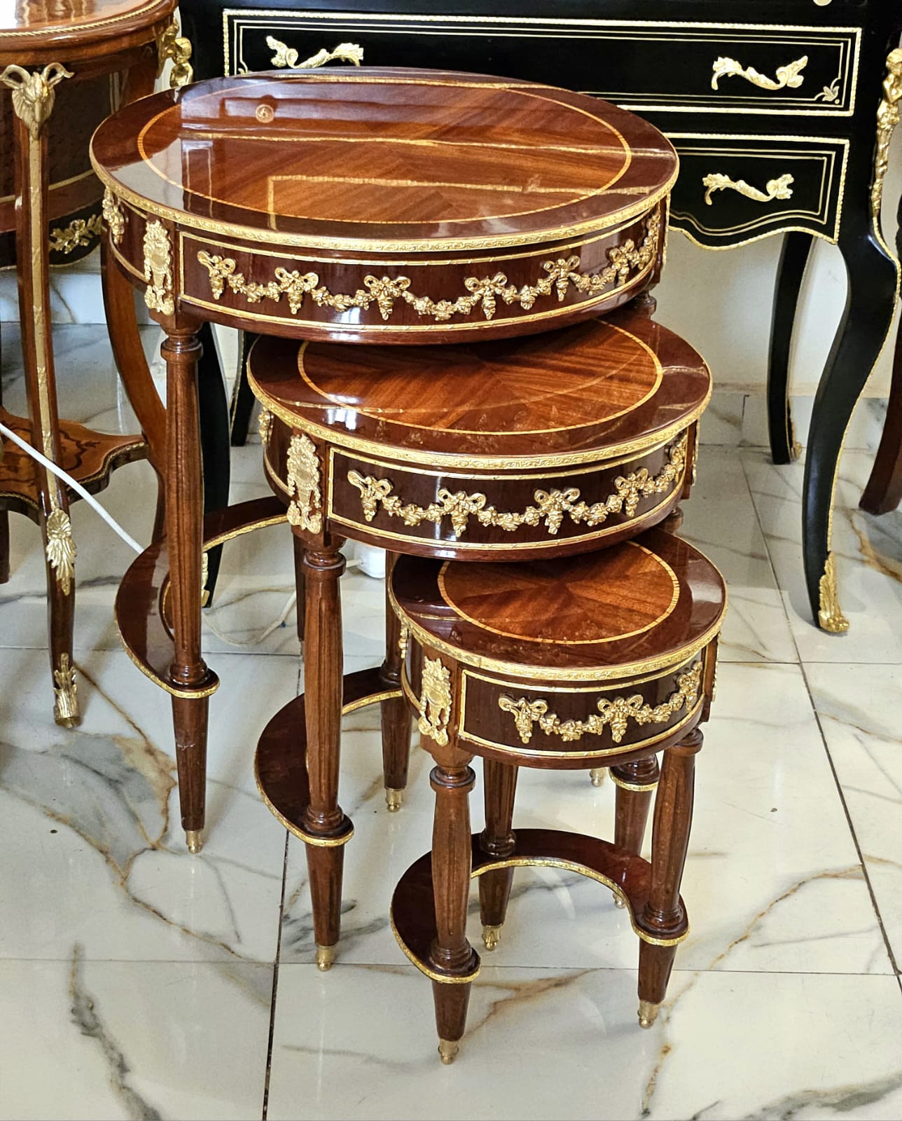 Luxury French Nesting Side Tables Set of 3 with Hand-Gilded Gold Leaf Details & Solid Wood Construction