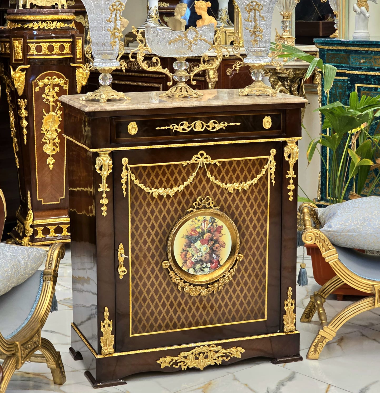 Luxury French Commode Cabinet with Marble Top, Floral Medallion & Gilded Accents