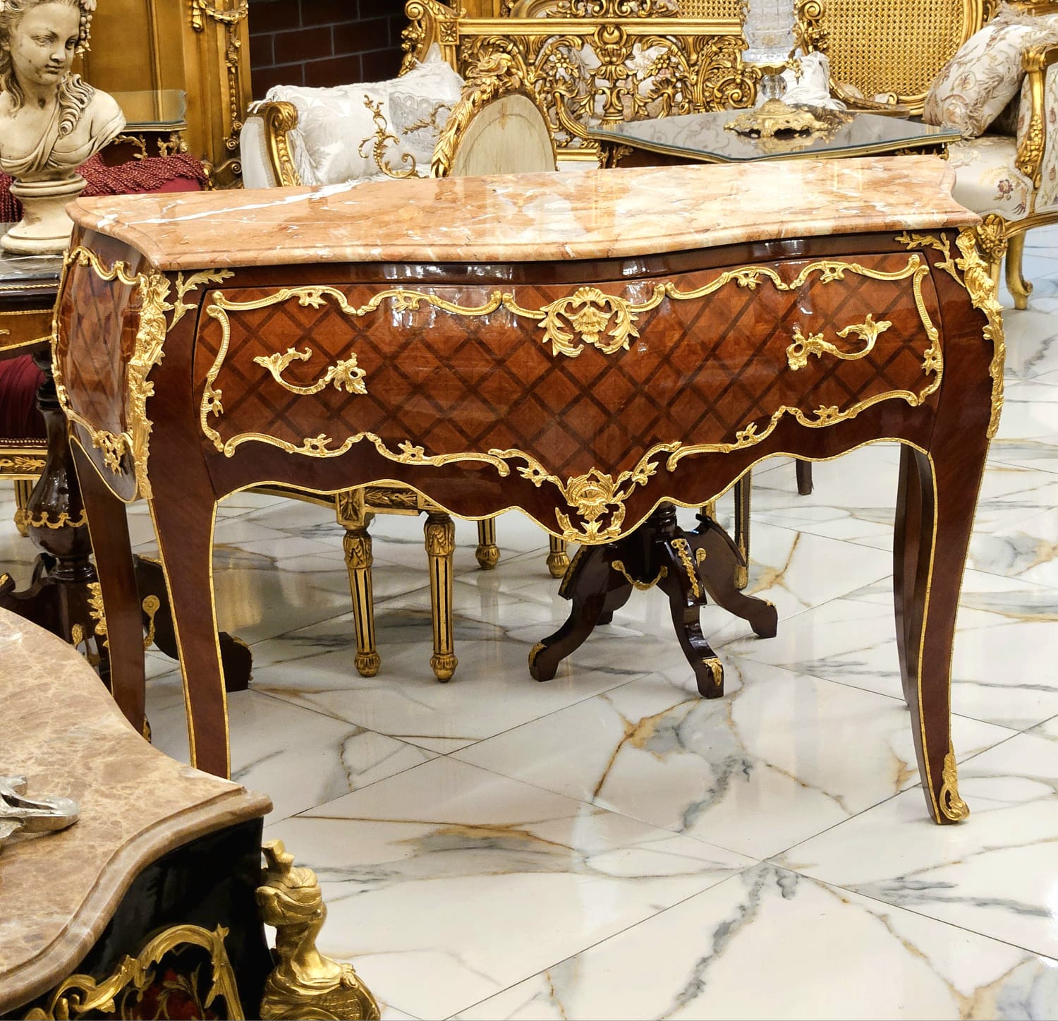 French Louis XV Marble Top Commode with Hand-Gilded Gold Leaf Details & Solid Wood Construction