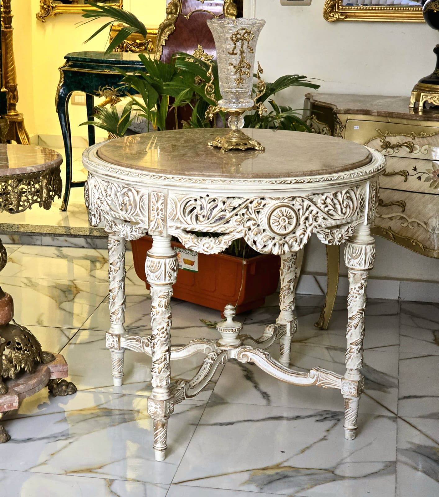 Grand Carved Round Dining Table with Marble Top, Antique White Finish & Hand-Gilded Details