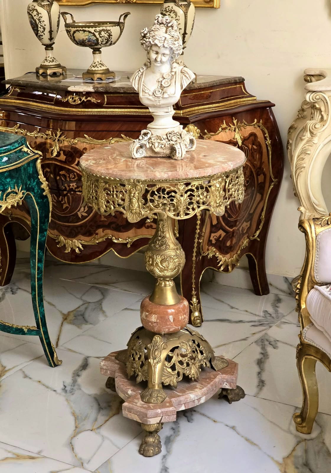 Luxury Bronze Pedestal Side Table with Marble Top & Hand-Gilded Ornate Details