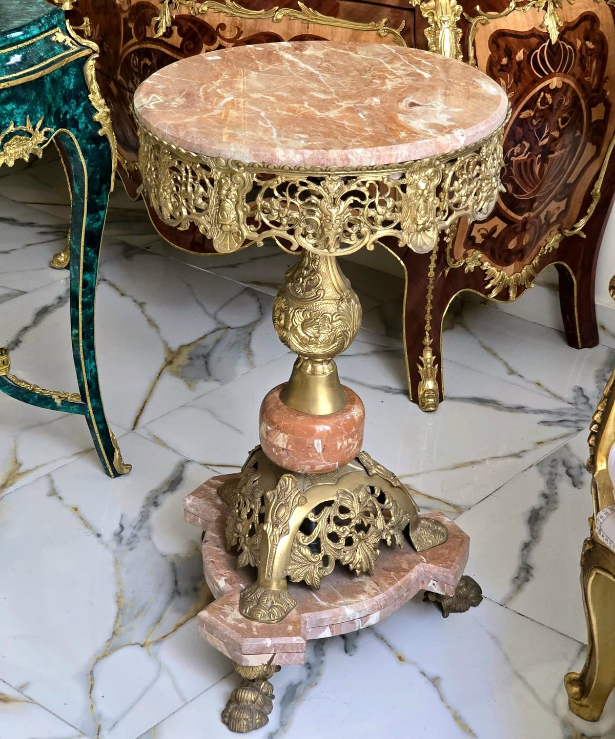 Luxury Bronze Pedestal Side Table with Marble Top & Hand-Gilded Ornate Details