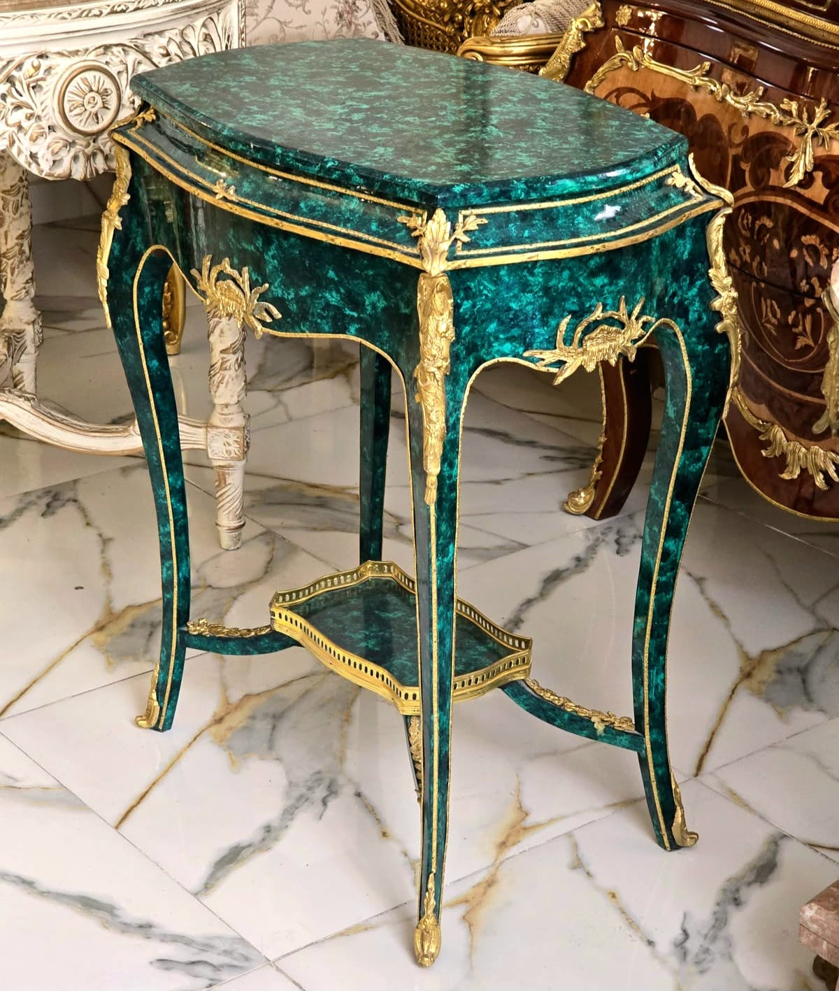 Luxury Green Accent Table with Bronze Ormolu Mounts & Hand-Gilded Details