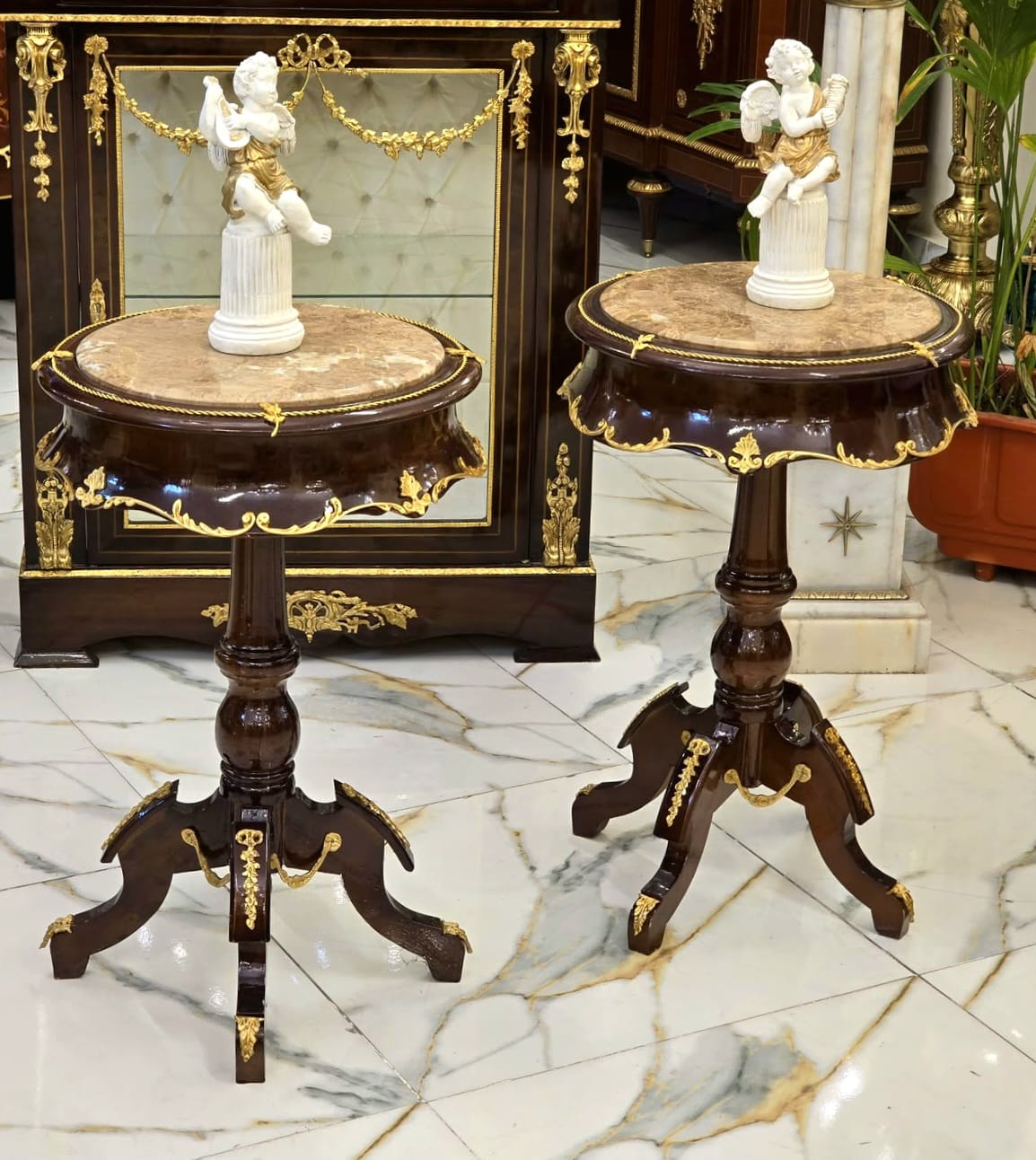 Classic Round Pedestal Side Table with Marble Top, Solid Wood & Hand-Gilded Gold Leaf Details