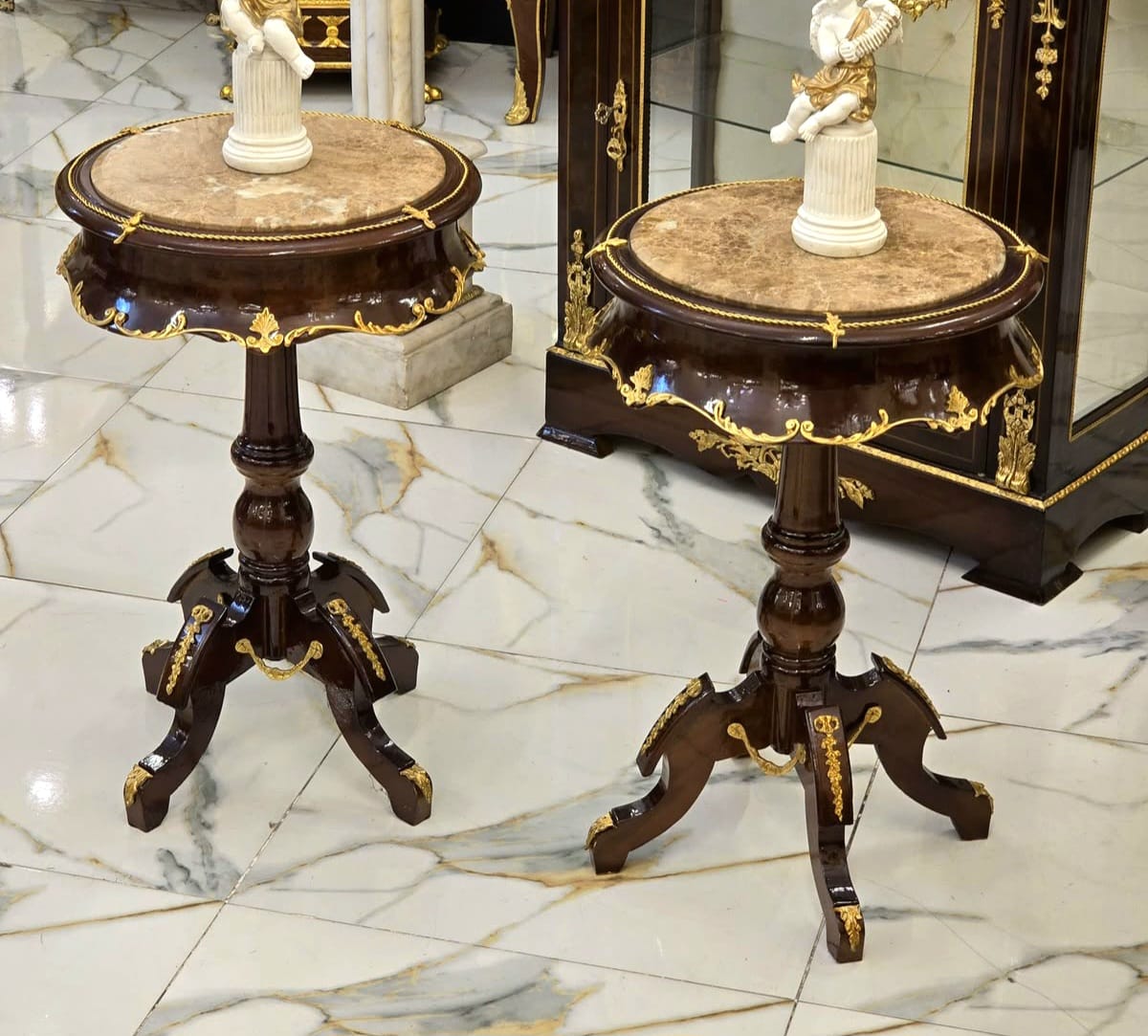 Classic Round Pedestal Side Table with Marble Top, Solid Wood & Hand-Gilded Gold Leaf Details