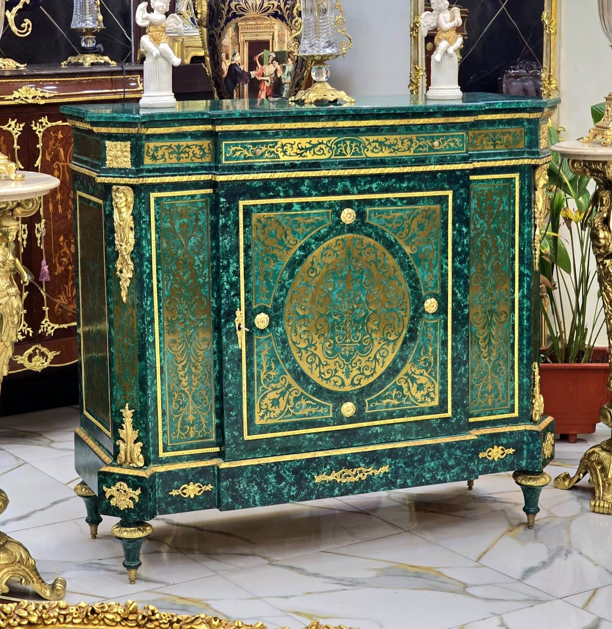 Ornate French Louis XVI Green Cabinet with Lock, Bronze Accents & Gold Leaf Details