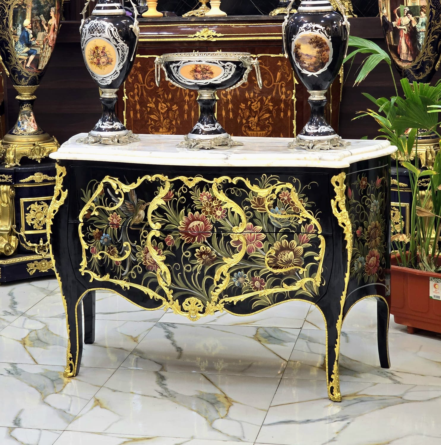 Louis XV Hand-Painted Floral Bombe Chest with Marble Top & Gold Leaf Details